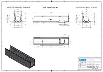 BIRCOlight® mit Stahlzarge NW 150 AS, Rinne 1 m, mit Ablauf