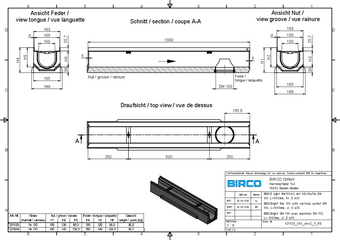 BIRCOlight® mit Stahlzarge NW 100 AS, Rinne 1 m, mit Ablauf